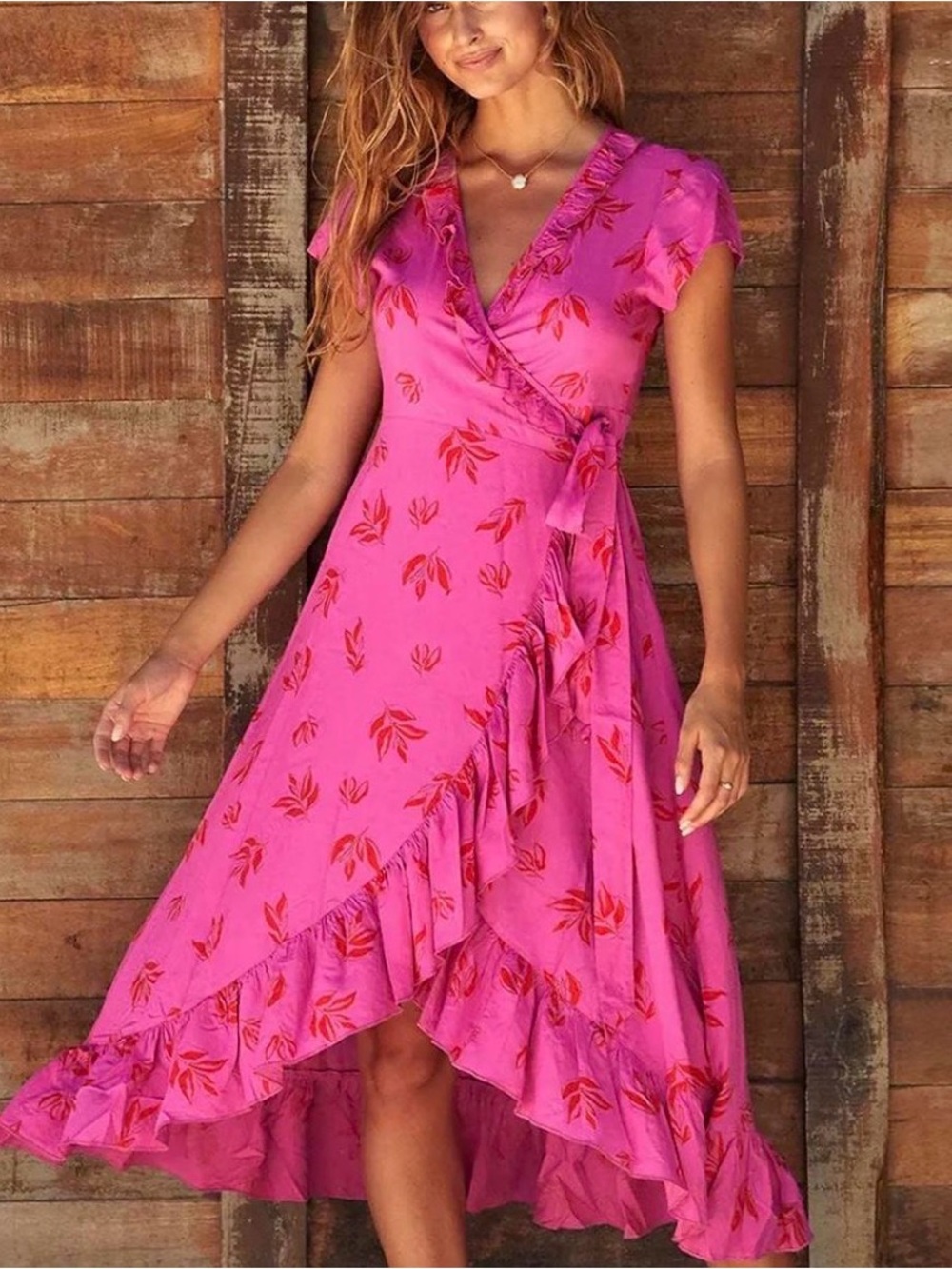 Aspiga Demi Wrap Dress Women's Pink Floral Ruffle Trim Sz Large Feminine Cottage